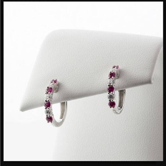 Red & White 2.20 Ct. Sapphire Hoop Earrings 14K White Gold on 925 Silver - Picture 2 of 3